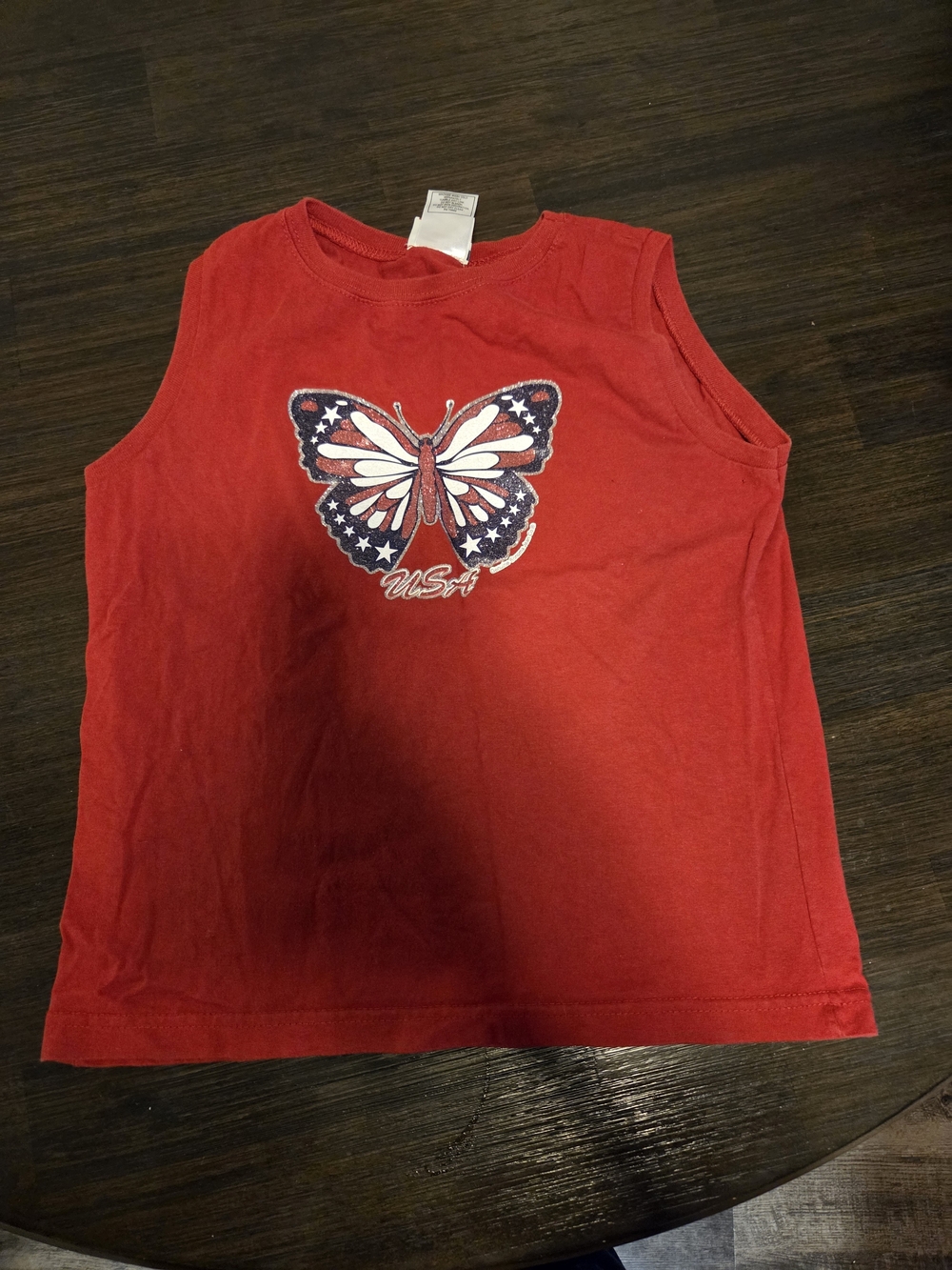 Vintage SO Jean Co USA Butterfly Muscle Tee Red Glitter Patriotic Tank Adult L
